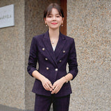 Women Pants Suit Uniform Designs Formal Style Office Lady Bussiness Attire Autumn Plaid Casual Suit Jacket Two-Piece Set