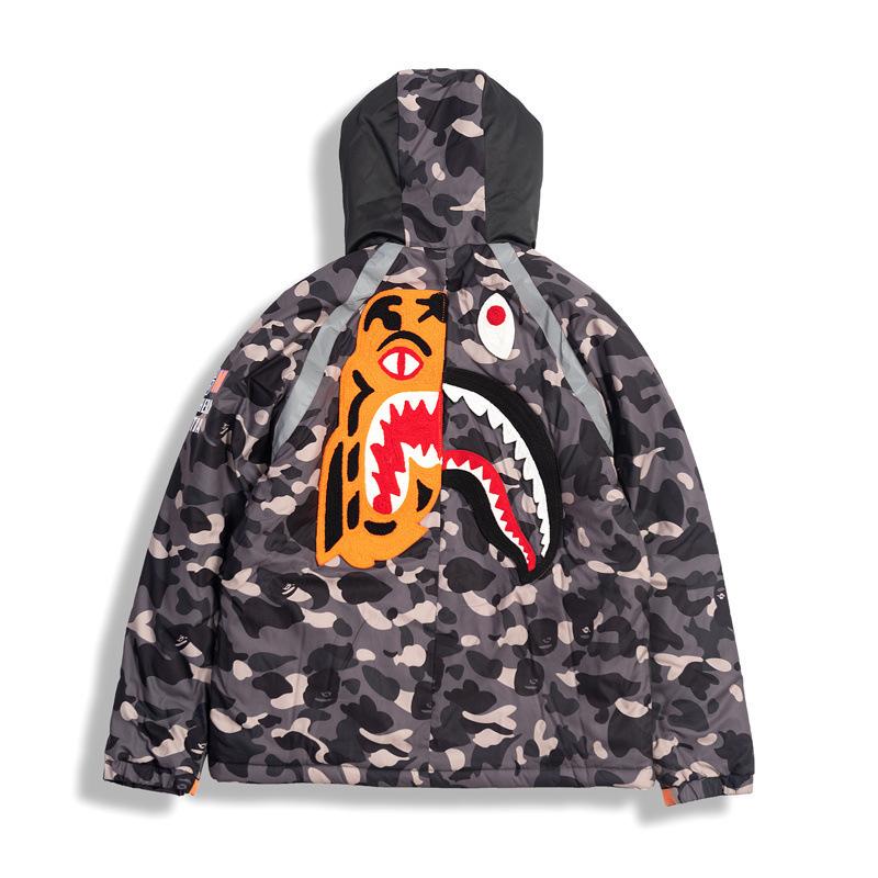 A Ape Print Coat Autumn and Winter Men's Casual Camouflage Shark Head Lightweight Warm Hooded Cotton Coat Jacket