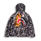 A Ape Print Coat Autumn and Winter Men's Casual Camouflage Shark Head Lightweight Warm Hooded Cotton Coat Jacket