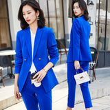 Women Pants Suit Uniform Designs Formal Style Office Lady Bussiness Attire Blue Long Sleeved Fall Fashion Tailored Suit Two-Piece Set