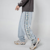 Striped Jeans Men's plus Size Retro Sports Trousers Plaid Stitching Baggy Straight Trousers Trousers Men Denim Pants