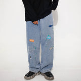 Smiley Printed Jeans Men's Large Size Retro Sports Trousers Loose Straight Trousers Men Denim Pants