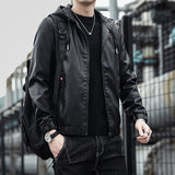Hand Painted Leather Jackets Men's Hooded Slim Fit Motorcycle Leisure Coat