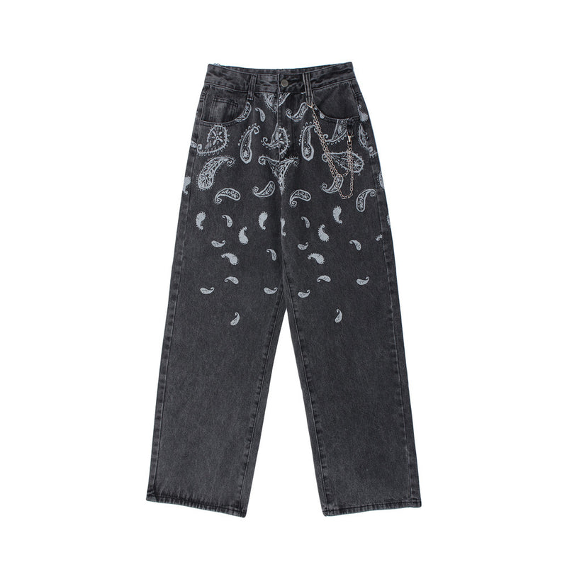 Printed Jeans Men's plus Size Retro Sports Trousers Baggy Straight Trousers Casual Pants Men Denim Pants