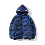 A Ape Print Coat Shark Head Fashion Camouflage Hooded Zipper Cotton-Padded Coat for Men and Women