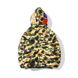 A Ape Print Coat Shark Head Fashion Camouflage Hooded Zipper Cotton-Padded Coat for Men and Women