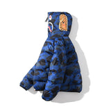 A Ape Print Coat Shark Head Fashion Camouflage Hooded Zipper Cotton-Padded Coat for Men and Women