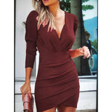 Valentine's Day Outfits Autumn and Winter Solid Color V-neck Long-Sleeve Dress Women's Clothing