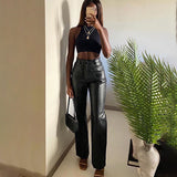 Faux Leather Pants Double Pocket Length Leather Pants Women's Sexy Slim Trousers Women