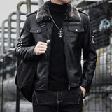 Hand Painted Leather Jackets Men's Fur PU Leather Jacket Motorcycle Lapel Men's Thick Leather Coat