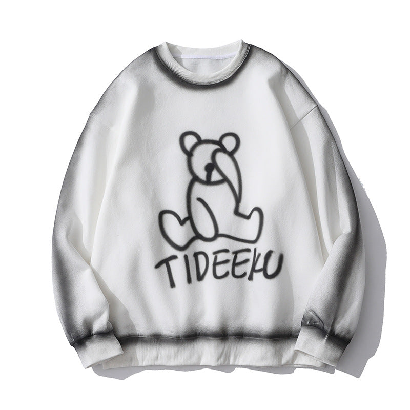 Cartoon Bear Printed Sweater Men's plus Size Retro Sports Casual Loose Jacket Long Sleeve Fleece Lined Sweatshirt Men Thermal Hoodie