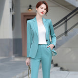 Women Pants Suit Uniform Designs Formal Style Office Lady Bussiness Attire Slim Autumn Winter Fashion Light Green Two-Piece Suit