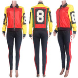 8 Ball Jackets Women's Clothing Multicolor Mixed Colors Zipper and Lapel Casual Two-Piece Suit