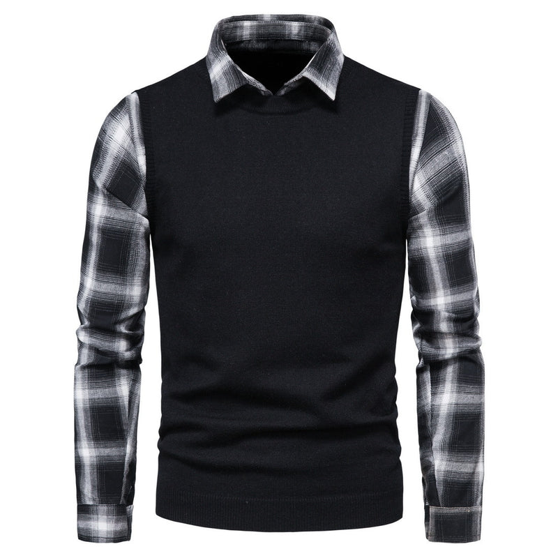 Men's Plaid Lapel Shirt Fake Two Pieces Sweaters Knitwear plus Size Fashion Casual Bottoming Shirt Men Pullover Sweaters