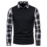 Men's Plaid Lapel Shirt Fake Two Pieces Sweaters Knitwear plus Size Fashion Casual Bottoming Shirt Men Pullover Sweaters