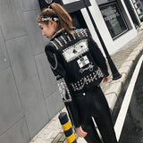 Graffiti PU Leather Jacket Heavy Industry Beads Graffiti Printing Chain Biker's Leather Jacket Fashion Slim Short Jacket