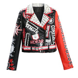 Graffiti PU Leather Jacket Letter Graffiti Printing Lapel Rivet Biker's Leather Jacket Slim-Fit High Waist Figure Flattering Jacket