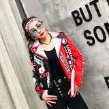 Graffiti PU Leather Jacket Letter Graffiti Printing Lapel Rivet Biker's Leather Jacket Slim-Fit High Waist Figure Flattering Jacket
