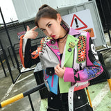 Graffiti PU Leather Jacket Contrast Color Graffiti Skull Print Slim-Fit High Waist Figure Flattering Jacket Coat Fashion