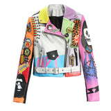Graffiti PU Leather Jacket Contrast Color Graffiti Skull Print Slim-Fit High Waist Figure Flattering Jacket Coat Fashion