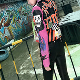 Graffiti PU Leather Jacket Contrast Color Graffiti Skull Print Slim-Fit High Waist Figure Flattering Jacket Coat Fashion