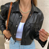 Urban Leather Jacket Autumn Winter Street Pocket Cardigan Breasted Short Long Sleeve Leather Coat Top for Women