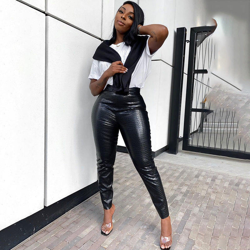 Faux Leather Pants Crocodile Pattern Basic Skinny Leather Pants Women's Mid Waist Skinny Slim Fit Trousers
