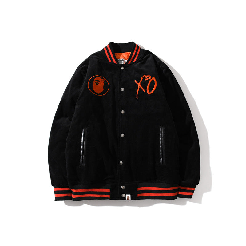 Cheerleader Letterman Jacket Red Edge Corduroy Baseball Cotton-Padded Jacket