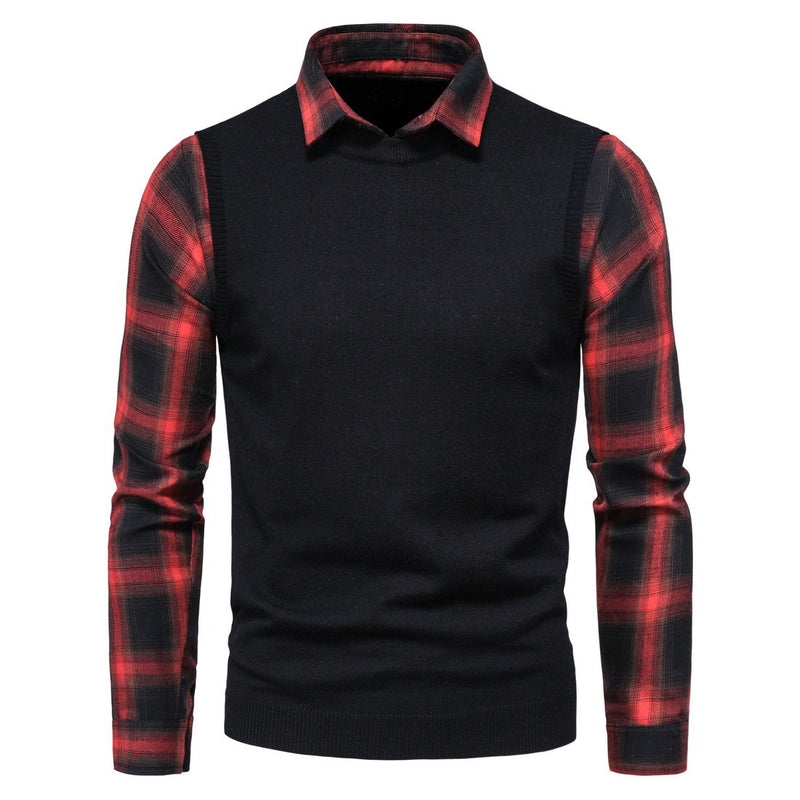 Men's Plaid Shirt Lapel Fake Two Pieces Sweater Knitwear plus Size Fashion Casual Bottoming Shirt Men's Pullover Sweaters