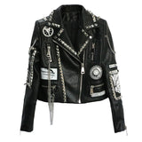Graffiti PU Leather Jacket Heavy Industry Beads Graffiti Printing Chain Biker's Leather Jacket Fashion Slim Short Jacket