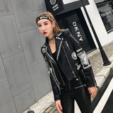 Graffiti PU Leather Jacket Heavy Industry Beads Graffiti Printing Chain Biker's Leather Jacket Fashion Slim Short Jacket