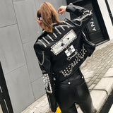 Graffiti PU Leather Jacket Heavy Industry Beads Graffiti Printing Chain Biker's Leather Jacket Fashion Slim Short Jacket