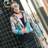 Graffiti PU Leather Jacket Color Graffiti Printing Slim-Fit Leather Coat Lapel High Waist Jacket Fashion Tops