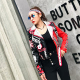 Graffiti PU Leather Jacket Letter Graffiti Printing Lapel Rivet Biker's Leather Jacket Slim-Fit High Waist Figure Flattering Jacket