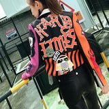 Graffiti PU Leather Jacket Contrast Color Graffiti Skull Print Slim-Fit High Waist Figure Flattering Jacket Coat Fashion