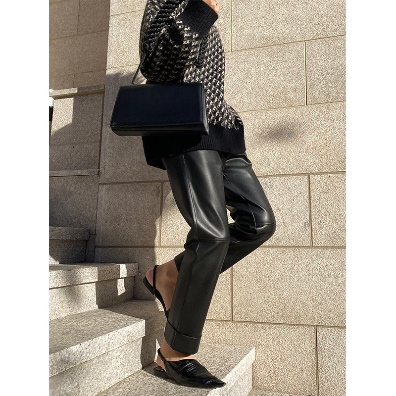 Black Leather Pant Autumn and Winter Loose Slimming and Straight Casual High Waist Cropped Pants