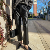 Black Leather Pant Autumn and Winter Loose Slimming and Straight Casual High Waist Cropped Pants