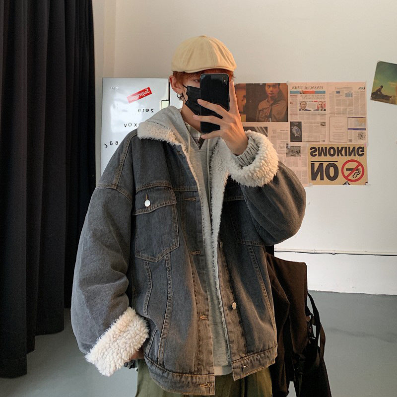 Cotton-Padded Coat Men's Loose Lapels Wool Cotton-Padded Coat Casual Fleece and Thick Denim Jacket Large Size Loose Men Denim Jacket