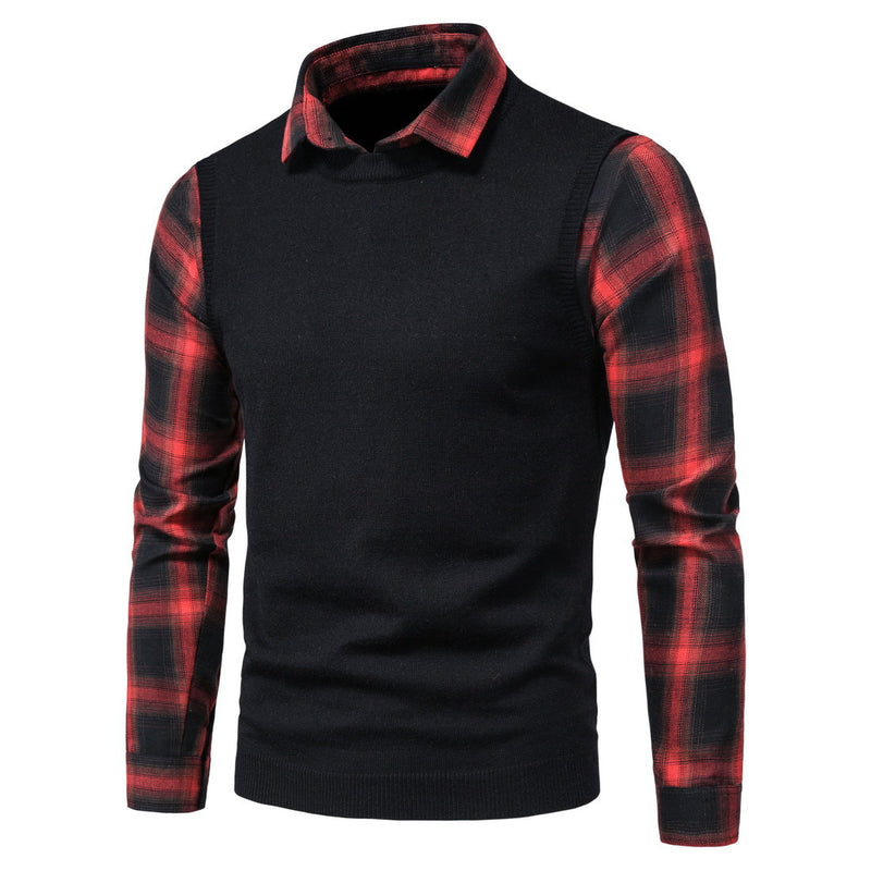 Men's Plaid Shirt Lapel Fake Two Pieces Sweater Knitwear plus Size Fashion Casual Bottoming Shirt Men's Pullover Sweaters