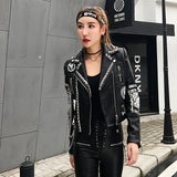 Graffiti PU Leather Jacket Heavy Industry Beads Graffiti Printing Chain Biker's Leather Jacket Fashion Slim Short Jacket