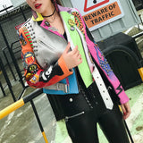 Graffiti PU Leather Jacket Contrast Color Graffiti Skull Print Slim-Fit High Waist Figure Flattering Jacket Coat Fashion