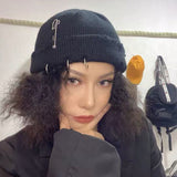 Women Beanies Hat Female Autumn and Winter Ring Pin Street Hip-Hop Woolen Cap