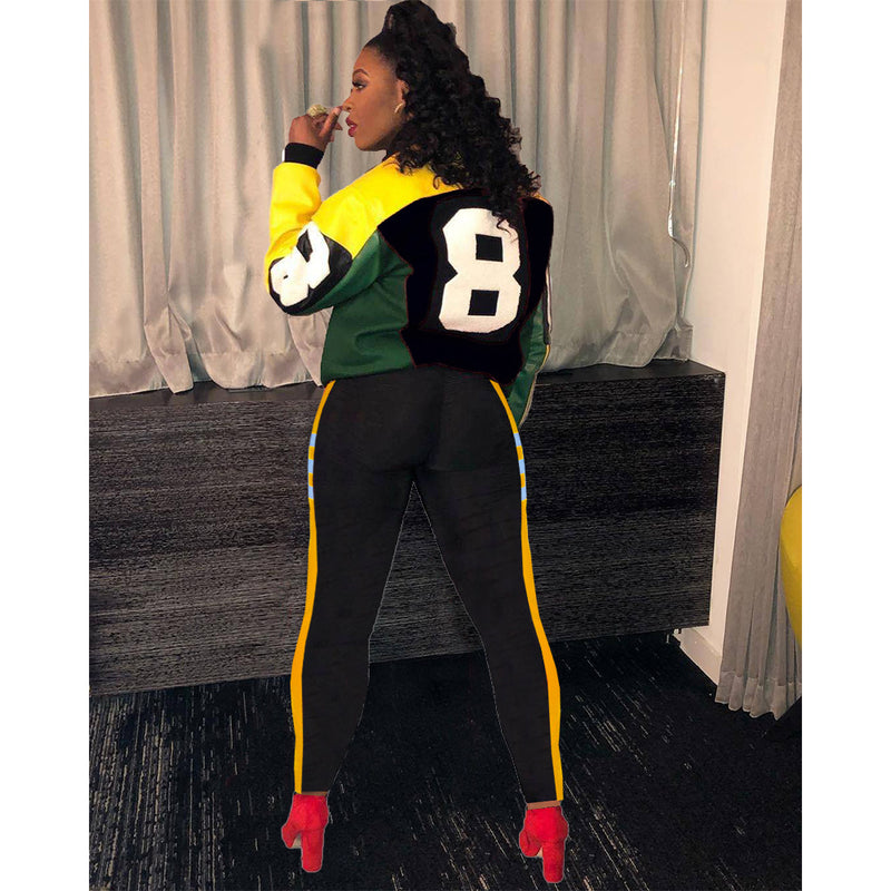 8 Ball Jackets Women's Clothing Multicolor Mixed Colors Zipper and Lapel Casual Two-Piece Suit