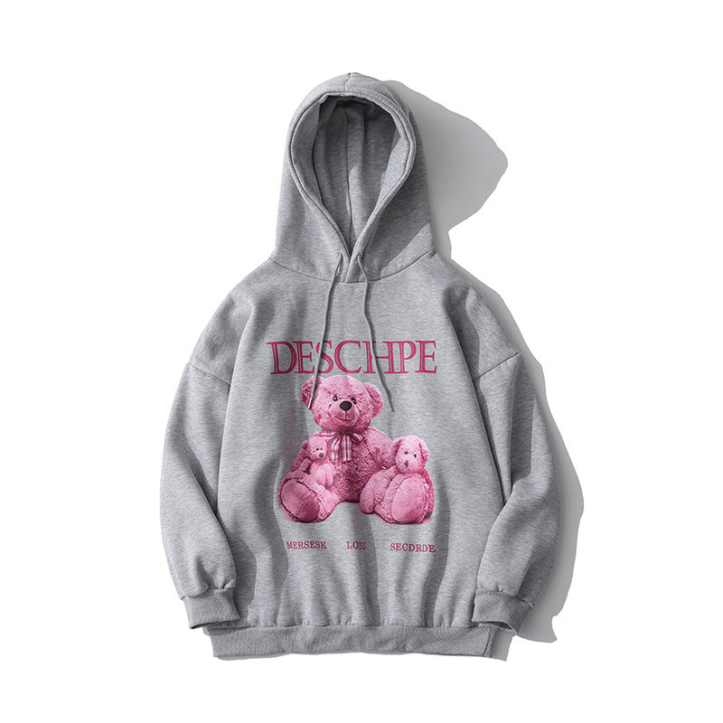 Cartoon Bear Printed Sweater Men's plus Size Retro Sports Jacket Casual Long Sleeve Loose Pullover Fleece Lined Sweatshirt Men Thermal Hoodie