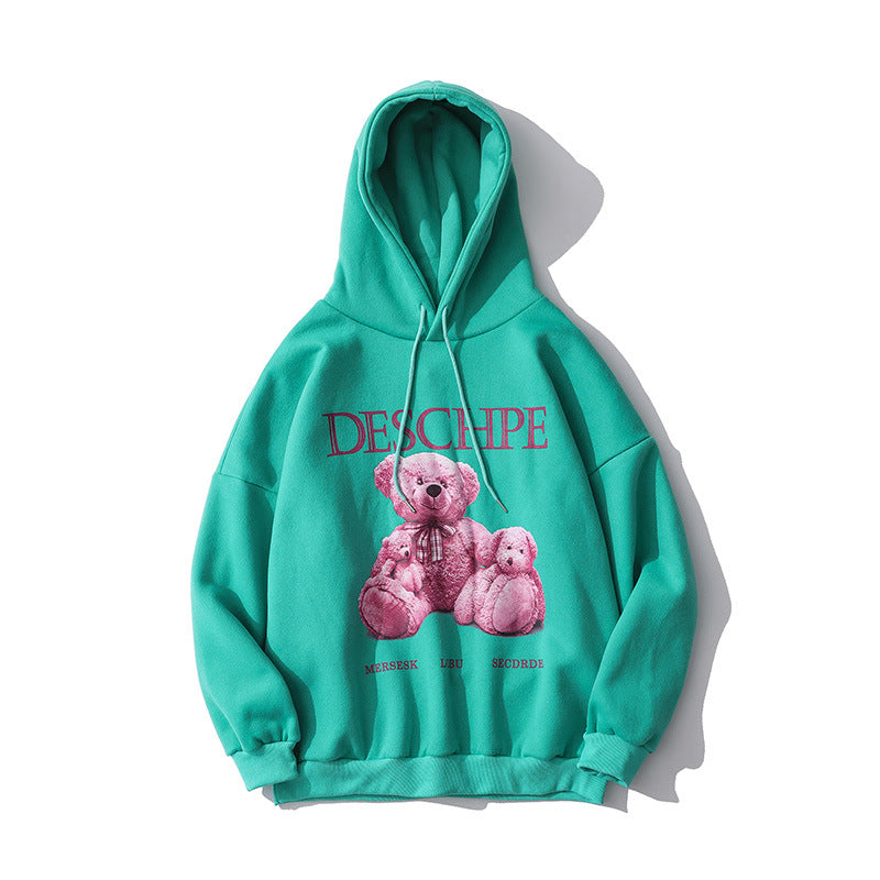 Cartoon Bear Printed Sweater Men's plus Size Retro Sports Jacket Casual Long Sleeve Loose Pullover Fleece Lined Sweatshirt Men Thermal Hoodie