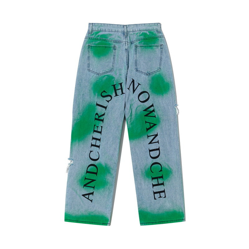 Printed Jeans Men's plus Size Retro Sports Trousers Baggy Straight Trousers Trousers Men Denim Pants