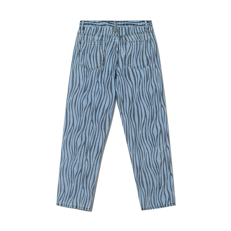 Zebra Striped Full Printed Jeans Men's plus Size Retro Sports Trousers Baggy Straight Trousers Casual Trousers Men Denim Pants
