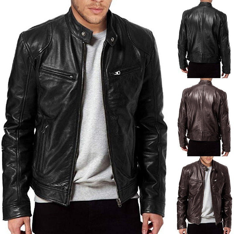 Men's Leather Clothing Coat Stand Collar Zipper Leather Men Pu Jakcet