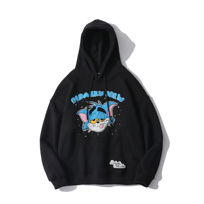 Cat and Mouse Tom Printed Sweater Men's Trendy plus Size Retro Sports Jacket Long-Sleeved Loose Pullover Casual Fleece Lined Sweatshirt Men Thermal Hoodie