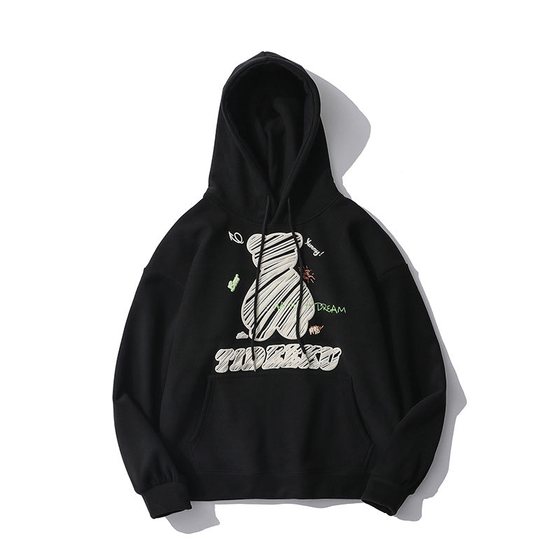 Bear Printed Sweater Men's plus Size Retro Sports Jacket Long-Sleeved Top Thickened Hoodie Fleece Lined Sweatshirt Men Thermal Hoodie